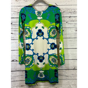 Women's by Julie Brown Long Sleeve Dress S Green Blue Patterned